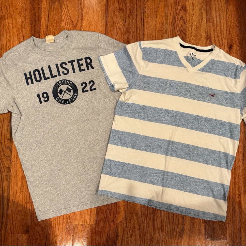 Bundle of 2 Hollister Gray Graphic Tee and Blue Striped V-Neck